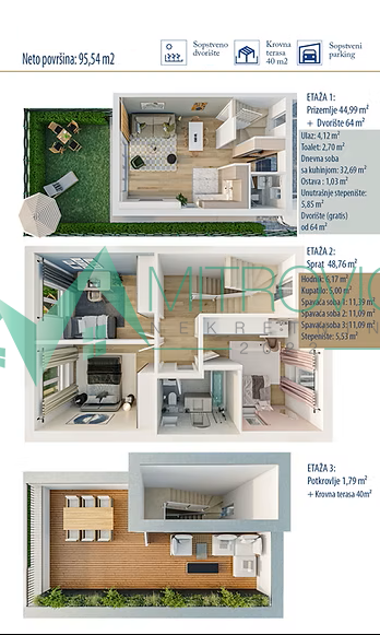 Četvorosoban stan 96 m² sa privatnim dvorištem od 64 m² i krovnom terasom • Veternik • 200.260 €